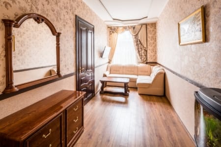 Вітальня з диваном, дзеркалом і комодом у квартирі на площі Данила Галицького