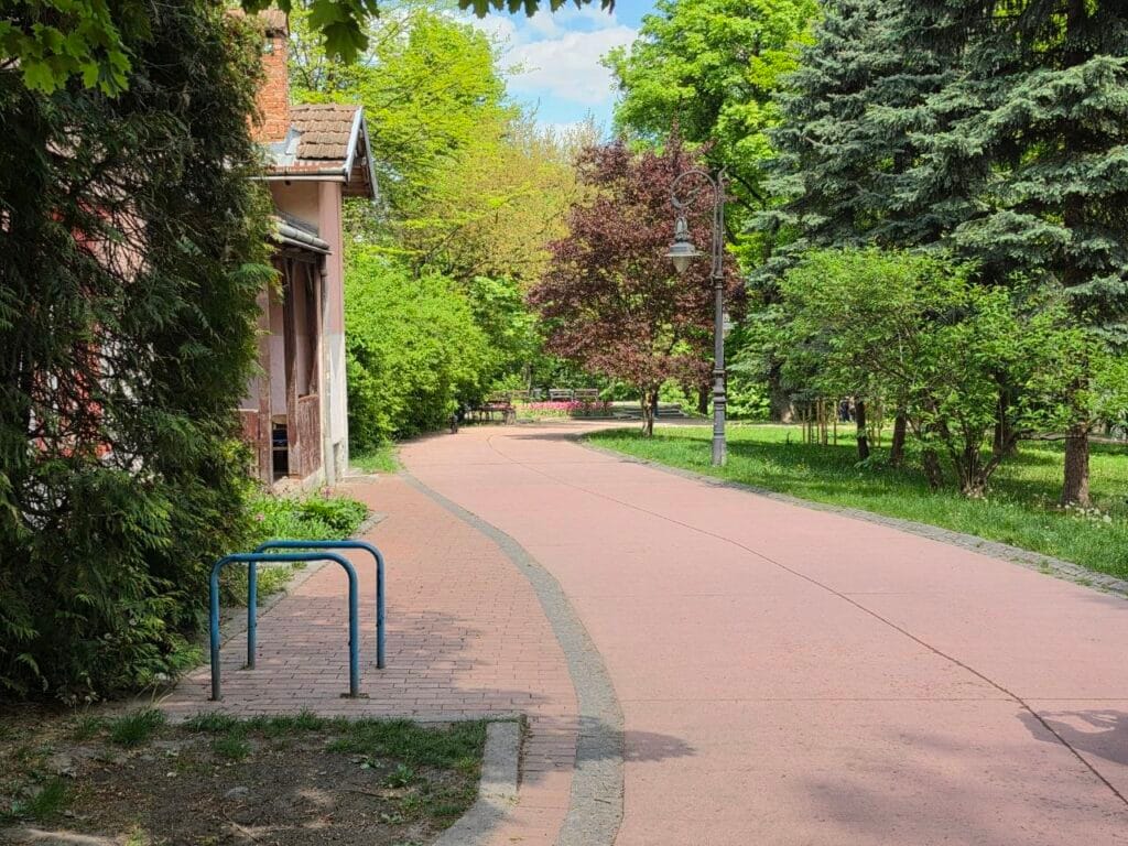 Весенняя аллея с фонарём и тюльпанами в парке имени Ивана Франко