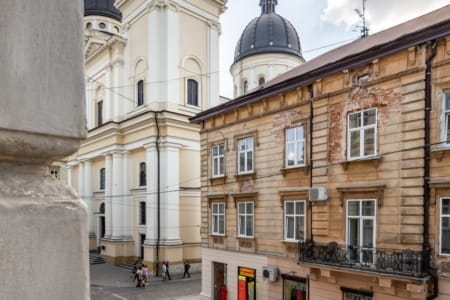 Church of the Transfiguration next to the apartment on Krakivska Street