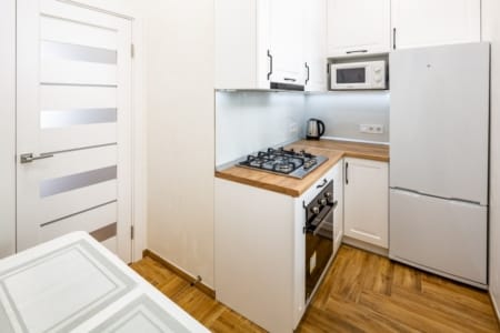 Kitchen with a fridge, microwave and gas hob, Krakivska Street apartment