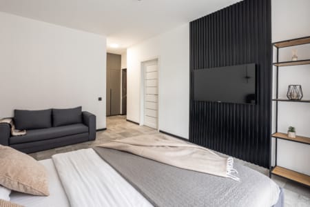 Bed, sofa and a TV on a decorative wall panel, apartment in the Semytsvit complex