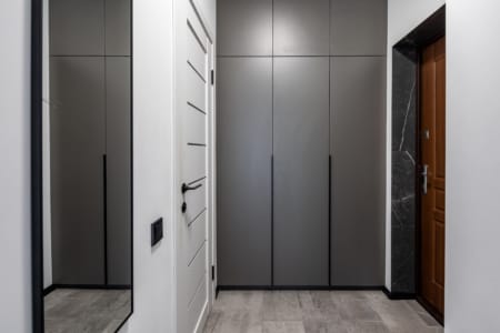 Entrance hall with built-in wardrobes and the front door in the apartment in the Semytsvit complex