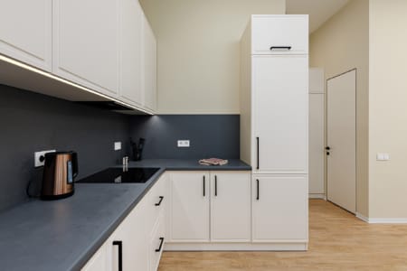 Kuchnia z płytą indukcyjną i wysoką szafą w apartamencie przy ul. Doroszenki