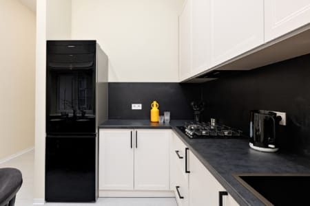 Kitchen with a black fridge, gas hob and sink in the apartment on Doroshenka Street