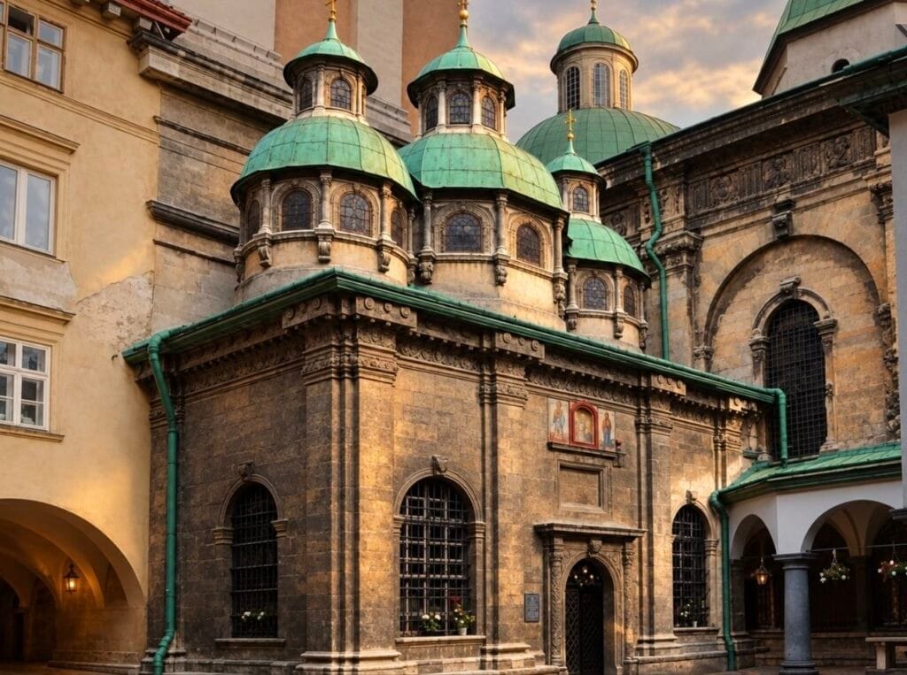Каплиця Трьох Святителів у Львові з зеленими банями