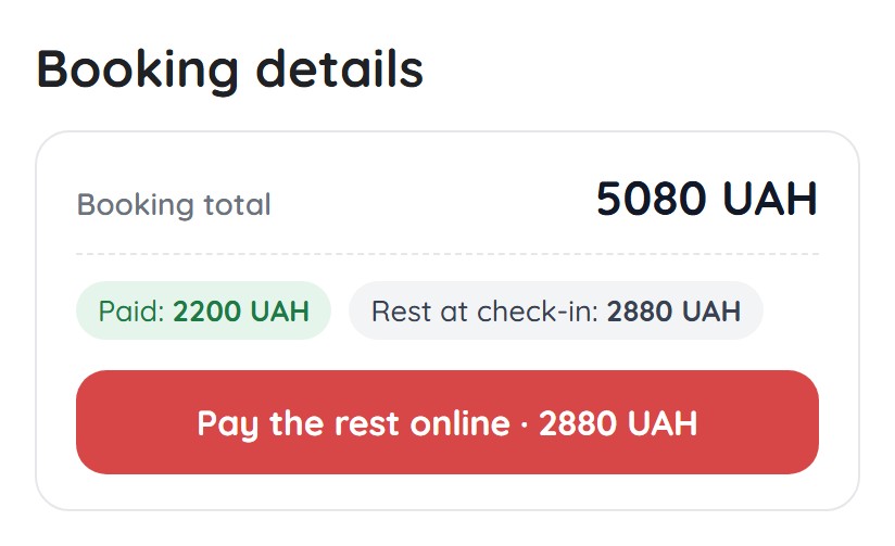 Booking details total and payment | Leo Apartment Booking total in the booking details: total, amount paid, rest at check-in and a pay-the-rest button