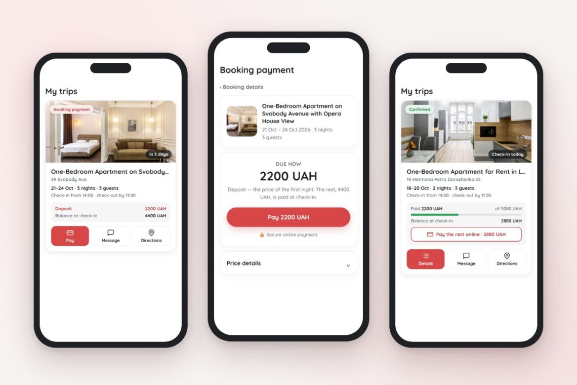 Booking an apartment online at Leo Apartment | Leo Apartment Leo Apartment account screens on phones: a trip awaiting payment, the prepayment page and a confirmed booking