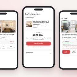 Leo Apartment account screens on phones: a trip awaiting payment, the prepayment page and a confirmed booking