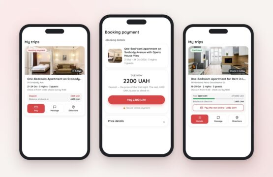Booking an apartment online at Leo Apartment | Leo Apartment Leo Apartment account screens on phones: a trip awaiting payment, the prepayment page and a confirmed booking