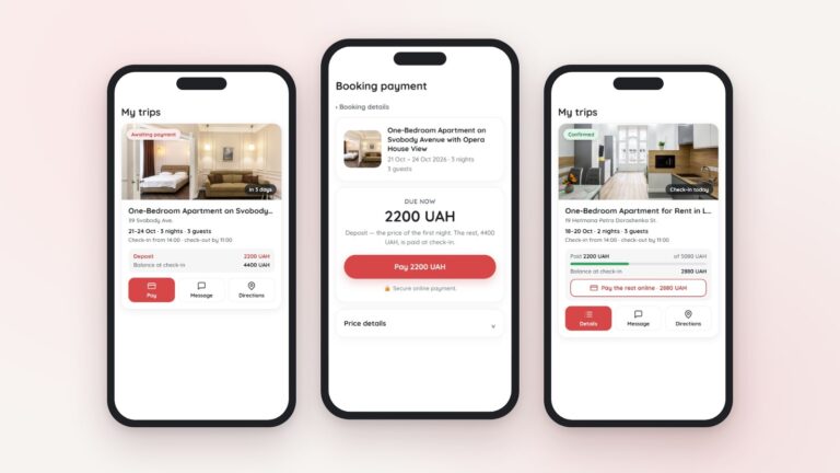 Leo Apartment account screens on phones: a trip awaiting payment, the prepayment page and a confirmed booking