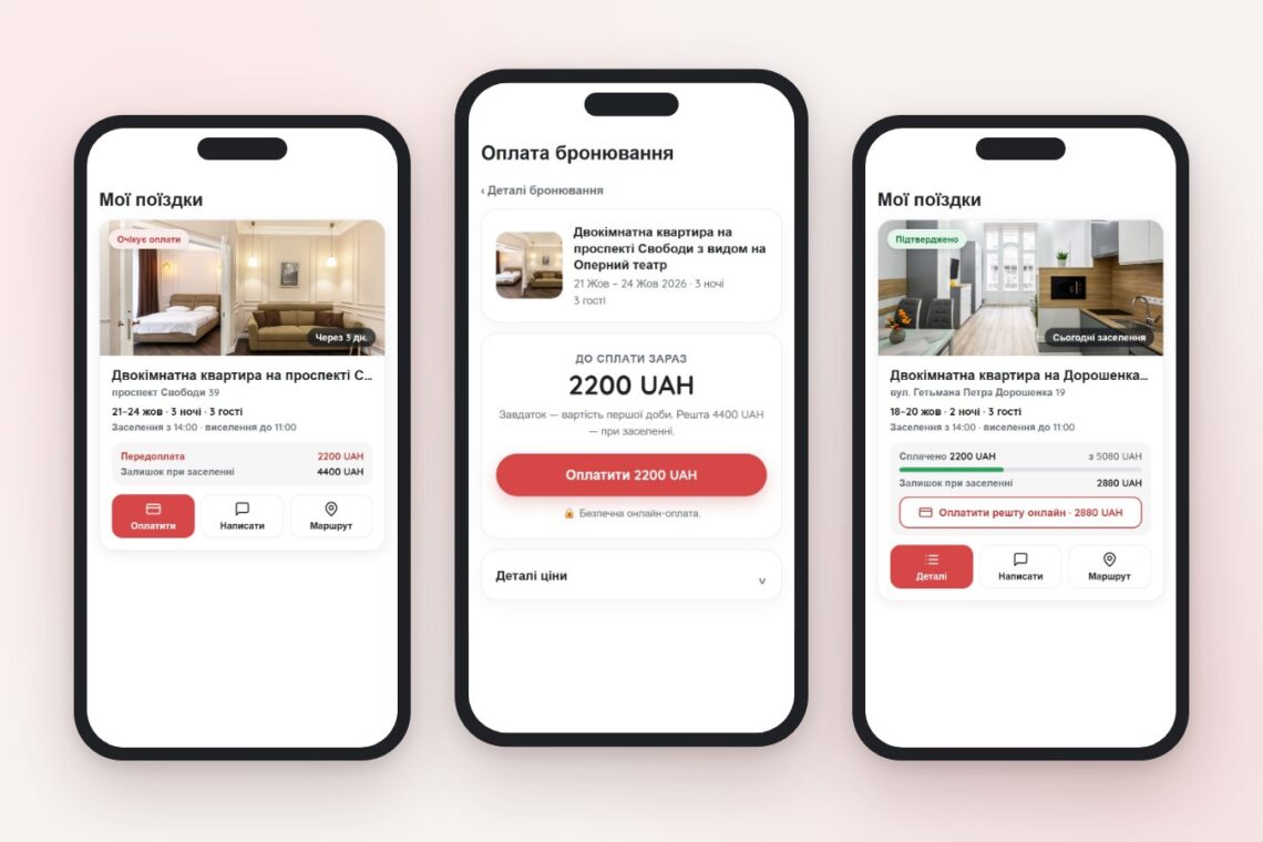 Онлайн-бронювання квартири на Leo Apartment | Leo Apartment Екрани кабінету Leo Apartment на телефонах: поїздка очікує оплати, сторінка оплати передоплати й підтверджене бронювання