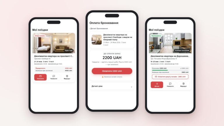 Екрани кабінету Leo Apartment на телефонах: поїздка очікує оплати, сторінка оплати передоплати й підтверджене бронювання