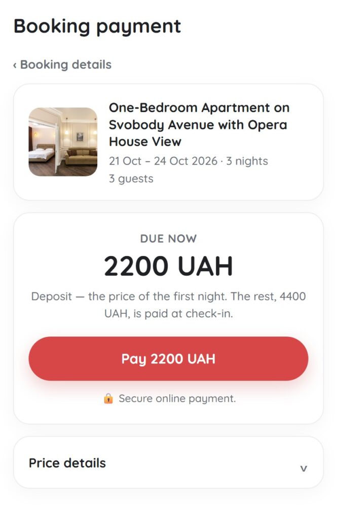 Prepayment page | Leo Apartment Booking payment page with the amount due now, the deposit explanation and the pay button