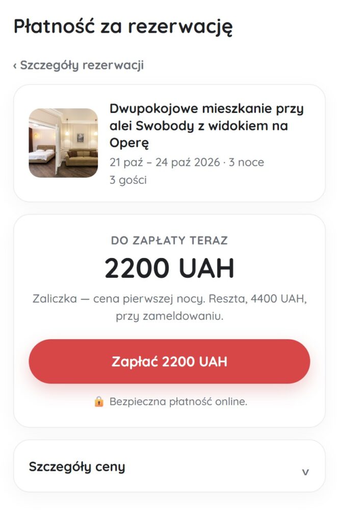 Strona płatności za rezerwację z kwotą do zapłaty teraz, objaśnieniem zaliczki i przyciskiem płatności