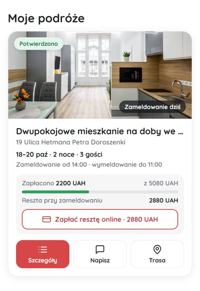 Potwierdzona podróż na koncie: zapłacona kwota, reszta i przycisk „Zapłać resztę online”