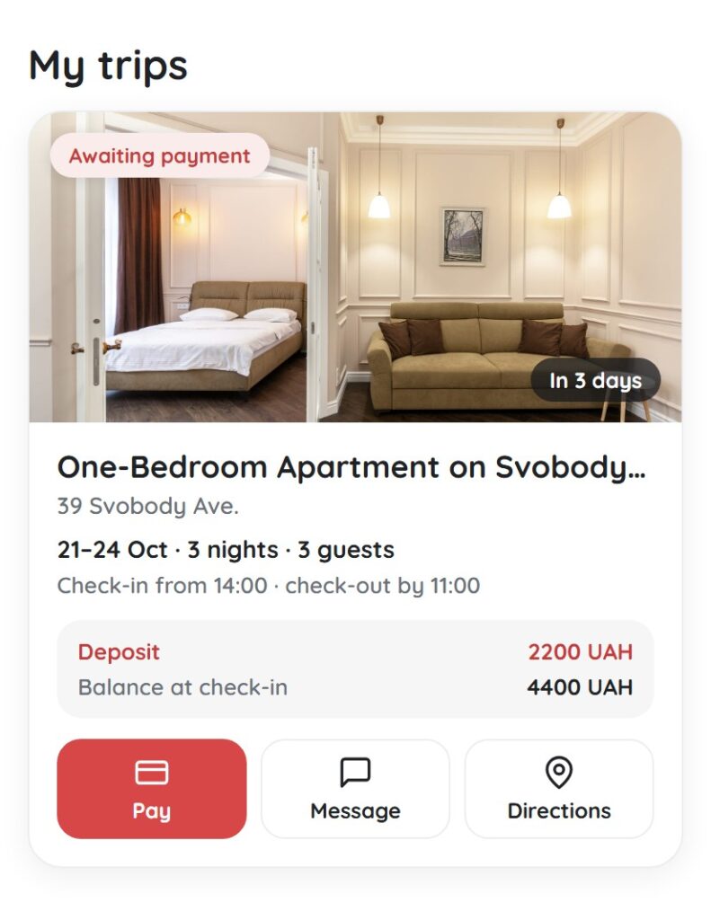 My trips — booking awaiting payment | Leo Apartment Trip card in the Leo Apartment account with the status “Awaiting payment”, the deposit amount and a “Pay” button