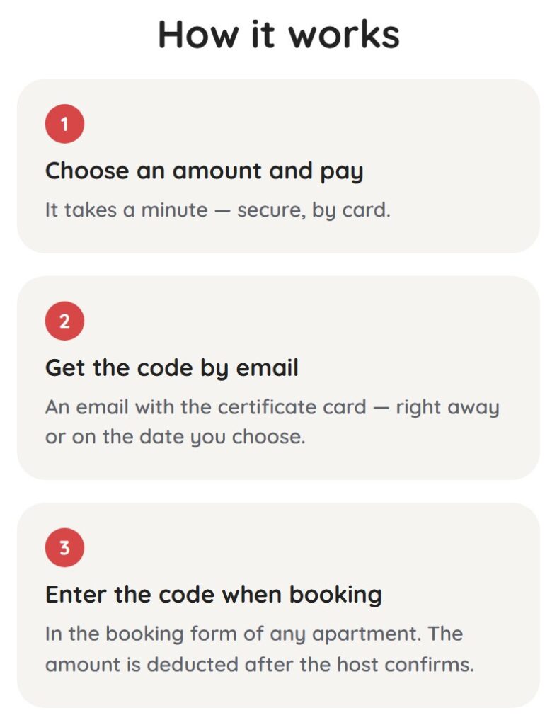 Three steps: choose an amount and pay, get the code by email, enter the code when booking