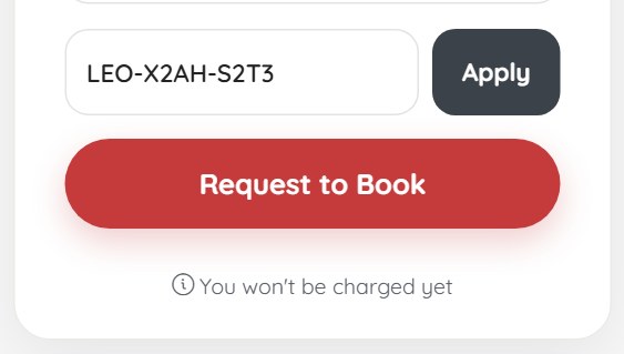 Certificate code LEO-X2AH-S2T3 in the “Promo code” field of the booking form with the “Apply” button
