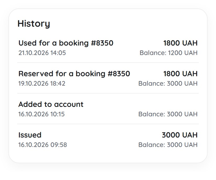 Certificate history: issued, added to account, reserved and used for a booking, with the balance