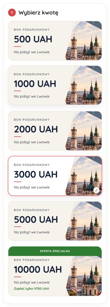 Kwoty bonów podarunkowych | Leo Apartment Wybór kwoty bonu podarunkowego: od 500 do 5000 UAH i oferta specjalna 10000 UAH