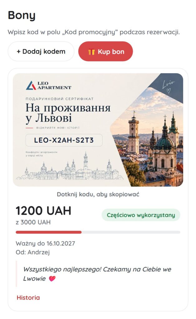 Saldo bonu na koncie | Leo Apartment Sekcja „Bony” na koncie: saldo 1200 UAH z 3000 UAH, status „Częściowo wykorzystany”, ważność i życzenia