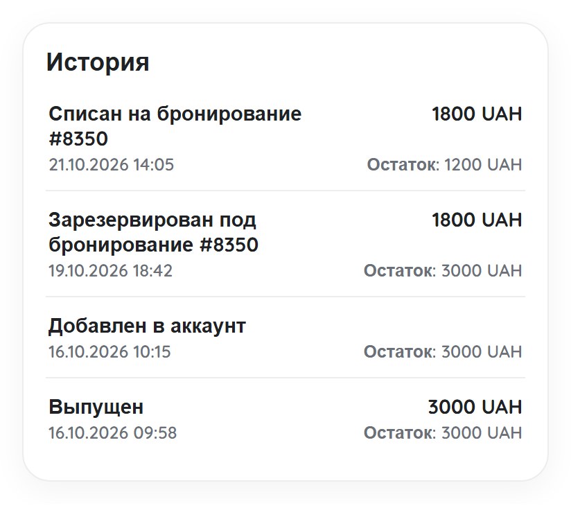 История операций сертификата | Leo Apartment История операций сертификата: выпуск, добавление в аккаунт, резерв и списание на бронирование с остатком
