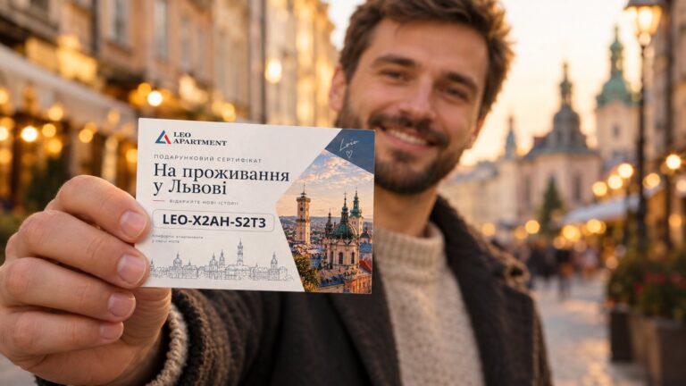 Чоловік тримає подарунковий сертифікат Leo Apartment на проживання у Львові на тлі вечірньої вулиці Старого міста