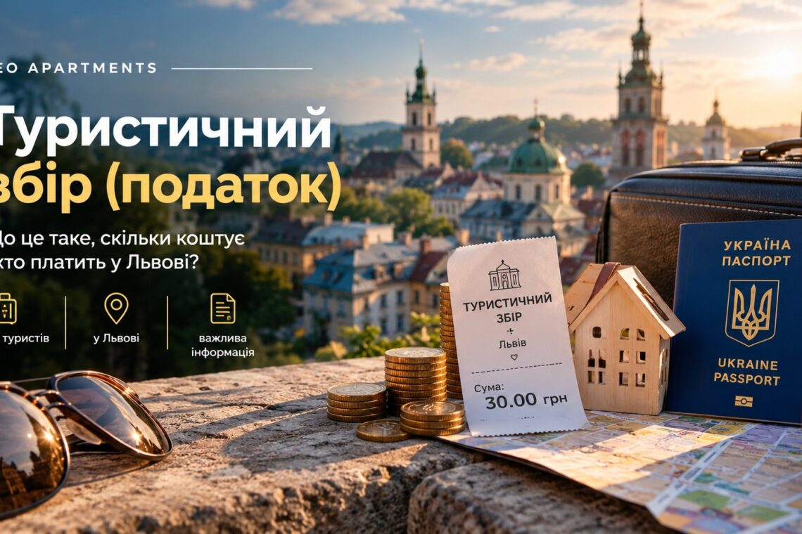 Постер «Туристичний збір (податок)»: панорама Львова, чек туристичного збору, монети, паспорт і валіза