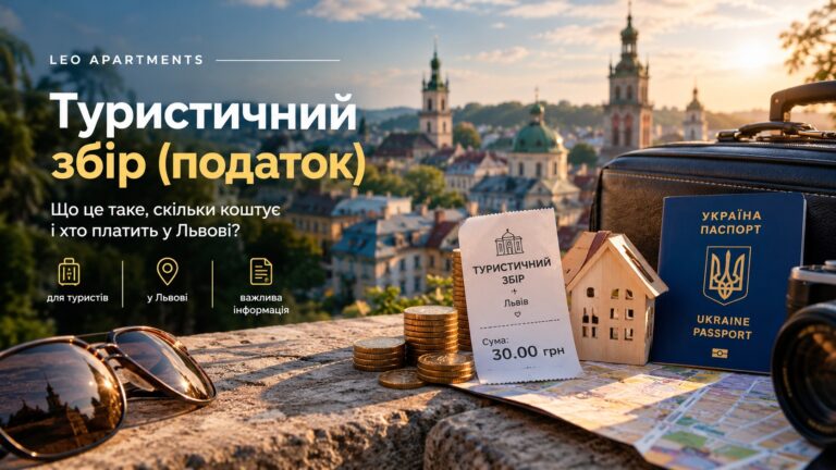 Постер «Туристичний збір (податок)»: панорама Львова, чек туристичного збору, монети, паспорт і валіза